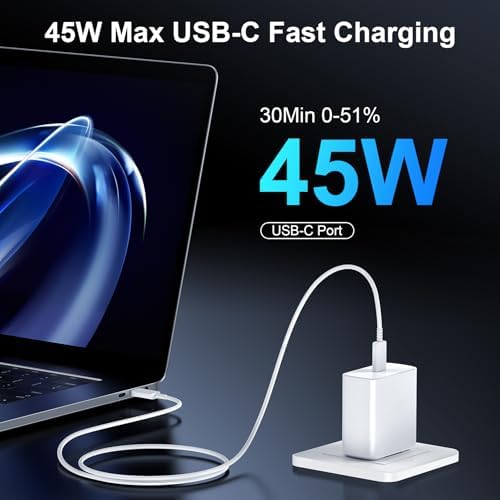 Rapid Charge 45 W USB C Wall Charger for Phone 16 Series & Samsung Galaxy S24 Ultra – Includes 6.6 FT Extra Long Type C Cable for Enhanced Flexibility and Performance – Advanced Safety Features for Optimal Device Protection – Perfect for Home, Office & Travel Use