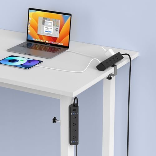 40 W Rapid Charge Desk Clamp Power Strip with 8 AC Outlets & 8 USB Ports – Versatile Surge Protector for Home & Office, Featuring 4 USB-C and 4 USB-A Ports, Secure Edge Mount Design for Tables up to 1.9 Inches, 14 AWG Heavy-Duty Cord for Optimal Performance and Safety