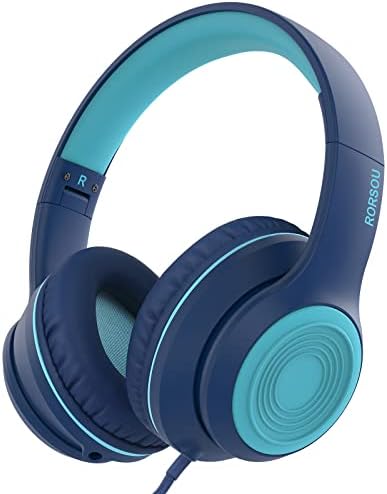 RORSOU K9 Kids Over-Ear Headphones with Microphone – Vibrant Blue Wired Stereo Headset for Ultimate Bass Experience, Ideal for School, Travel & Online Learning – 1.5 M Tangle-Free Cable for Effortless Connection with Smartphones, Tablets & MP3 Players