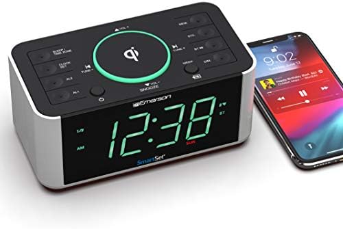 Elevate Your Morning Routine with the Emerson ER100202 Smartset Dual Alarm Clock Radio – Bluetooth-Enabled, USB Charging Port, and Qi Wireless Charger for Effortless Device Power – Stylish and Functional Addition to Your Bedside or Office Setup