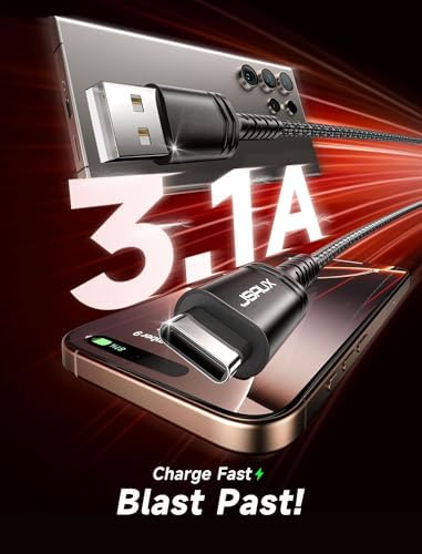 JSAUX 10 ft USB C Cable 2-Pack – High-Speed Charging & Data Transfer for i Phone 16 Series, Samsung Galaxy S20/S10/S9 & Note 20 – Durable Nylon Braided Design for Ultimate Reliability – Perfect for Home, Office & On-the-Go Use – Enhanced Compatibility with USB 3.1 Technology – Sleek Black Finish for Professional Aesthetics