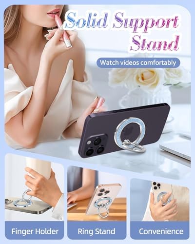 Glamorous Blue Glitter Mag Safe Phone Ring Holder – Stylish Magnetic Grip for i Phone 16, 15, 14, 13 Pro Max & Plus – Secure Finger Stand for Enhanced Control and Protection – Effortless Attachment and Detachment for Fashion-Forward Users