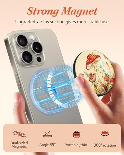 Chic Mushroom Mag Safe Phone Grip for Women – Trendy Ring Kickstand Holder for i Phone 16/15/14/13/12 Series – Stylish, Secure, and Functional Accessory for Texting, Selfies, and Streaming – Lightweight, Durable Design for Everyday Use
