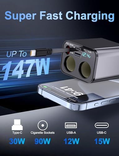 Ultimate 5-in-1 Retractable Car Charger – Fast Charging Dual-Socket Adapter with USB-A & USB-C Ports for i Phone 16/15, Galaxy, i Pad, GPS & Dash Cam – Tangle-Free Design for Multi-Device Power on the Go