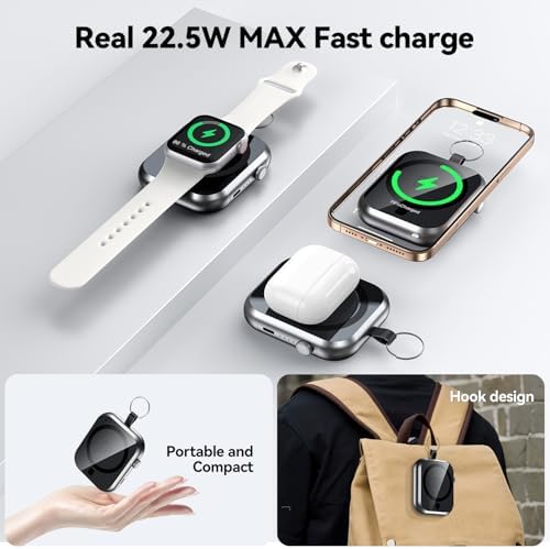 Ultra-Fast 10000 m Ah Magnetic Power Bank with Detachable Lanyard – 3-in-1 Wireless Charger for i Phone 12/13/14/15/16, Apple Watch & Air Pods – Compact Portable Battery Pack with 22.5 W PD Charging for Ultimate Device Compatibility and Convenience