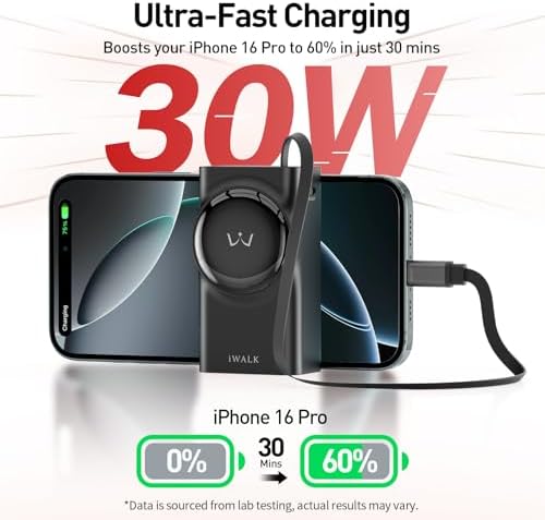 Ultimate i WALK 10000 m Ah Power Bank – 30 W Fast Charging USB-C Portable Charger with Integrated 2.3 ft Retractable Cable, Triple Output Ports for i Phone 16/15, Samsung Galaxy S25/24, and i Pad – Compact, Durable, and Travel-Ready Charging Solution