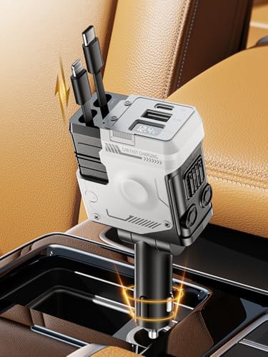 Ultimate 69 W Retractable 4-in-1 Fast Car Charger for i Phone 12-16 | Sleek White Design, Multi-Device Compatibility, Ideal Valentine’s Gift for Tech Lovers | Efficient, Tidy, and Safe Charging on the Go