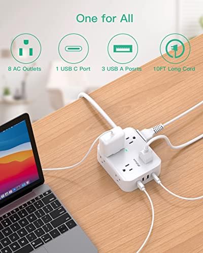 MIFASOPOWER Surge Protector Power Strip – 8 Wide Outlet Charging Station with 4 USB Ports (Including USB-C) and 5 FT Heavy-Duty Extension Cord – Space-Saving Flat Plug Design for Home, Dorm, or Office – Overload Protection & Wall-Mountable Convenience