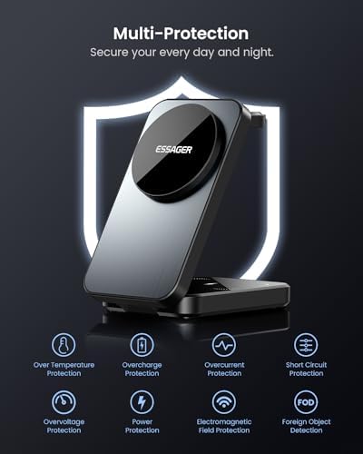 ESSAGER 3 in 1 Travel Wireless Charger – Compact Foldable Magnetic Charging Station for i Phone 16/15/14/13/12, Air Pods Pro/4/3/2, and i Watch with 20 W Fast Charging Adapter – Ultimate Compatibility & Efficiency for On-the-Go Power Needs
