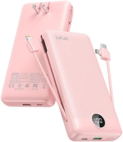 VRURC 20000 m Ah Pink Portable Charger – Fast Charging Power Bank with Built-in Wall Plug & Cables, LED Display, 4 Outputs & Dual Inputs for Effortless Travel Charging Solutions, Ideal for Busy Lifestyles and Enhanced Device Compatibility