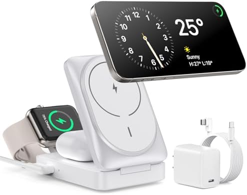 3-in-1 Qi2 Certified Wireless Charging Station – 15 W Fast Magnetic Charger for i Phone 16/15/14/13/12, Apple Watch, Air Pods – Foldable Design with 30 W USB-C Adapter for Ultimate Compatibility and Efficiency – Elevate Your Charging Experience with Enhanced Safety Features and Versatile Viewing Angles
