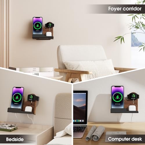 3 in 1 Wall Mount Compatible with magsafe Charger Stand，Wood Phone Holder for iPhone 15/15 Pro/14/13/12 Series, Compatible with Apple Watch, AirPods, Magsafe Accessories[MagSafe Charger Not Included] – Enhanced Compatibility and Speed