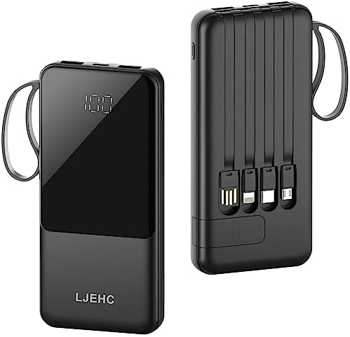 Slim 10,000 m Ah Portable Charger with Built-in Cables – High-Speed USB-C Power Bank for Travel | 5 Outputs & 3 Inputs, LED Display, Compatible with i Phone, Samsung, Pixel, LG & More – Essential Power Solution for On-the-Go Charging