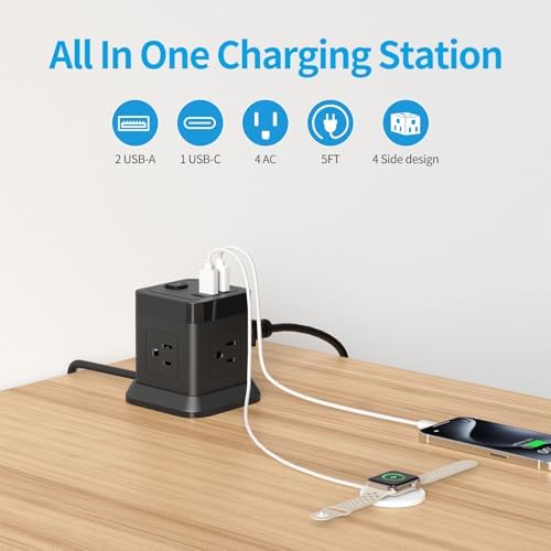 FDTEK Cube Power Strip with 4 Spacious Outlets & 3 USB Ports (1 USB-C) – Compact Green Power Solution for Home, Office, and Travel – Ultimate Surge Protection & Fast Charging Convenience