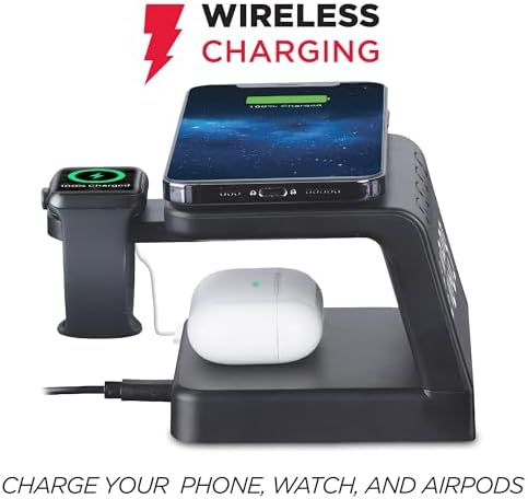 Timex Wireless Charging Alarm Clock with Apple Watch Mount – Fast Charging Station for i Phone and Air Pods – Sleek Black Design for Effortless Bedside Organization and Stylish Functionality