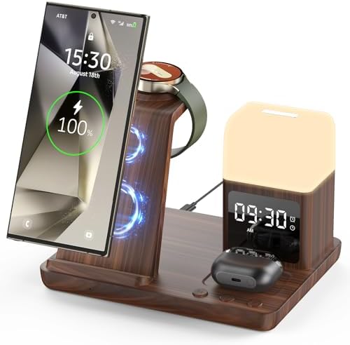 Ultimate 6-in-1 Wireless Charging Station for Samsung Devices – Stylish Purple Design with Alarm Clock and Night Light Functionality – Fast Charging for Galaxy S25/S24/S23 Ultra Series, Galaxy Watch 7/6/5/4, and Galaxy Buds – Ideal for Home or Office Use – Enhanced Safety Features and Adjustable Brightness Settings – Tidy Up Your Space with This Multi-Device Charger – Compatible with USB-C, Perfect for Samsung Users Seeking Convenience and Efficiency – Say Goodbye to Clutter and Hello to Seamless Charging Experience!