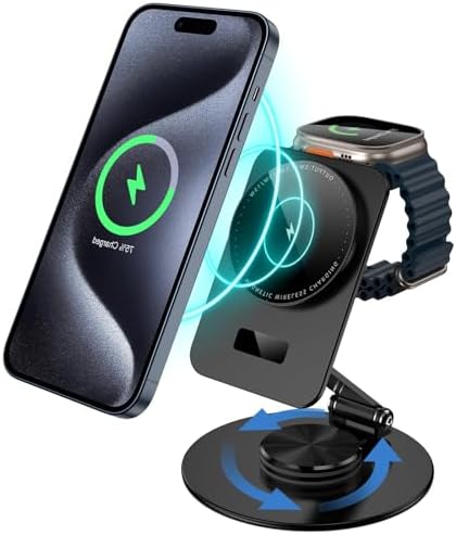 Foldable Magnetic Wireless Charger Stand – 2-in-1 Fast Charging Station for i Phone 16, 15, 14, 13, Apple Watch & Air Pods – Qi Certified 15 W Rapid Charger for Travel & Home Use – Sleek, Portable Design with Enhanced Compatibility and Efficiency