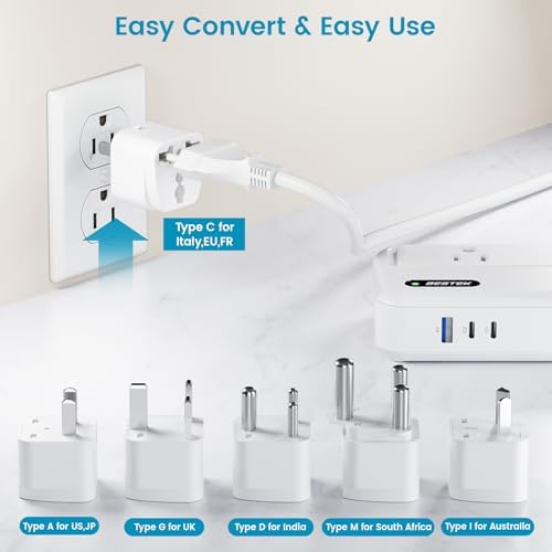 Global Voltage Converter and Travel Adapter – BESTEK 220 V to 110 V Power Transformer with Dual AC Outlets & 3 USB Ports (2 USB-C) – Essential for International Travel, Rapid Charging for Hair Tools & Electronics – Compact Design for Worldwide Compatibility