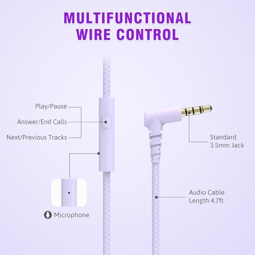 Rockpapa L22 Purple Over-Ear Headphones for Kids & Women – Lightweight, Foldable, and Durable Wired Design with Built-In Microphone for Clear Hands-Free Communication, Perfect for School, Travel, and Daily Use – High-Quality Stereo Sound and Tangle-Free Cord for Seamless Audio Enjoyment