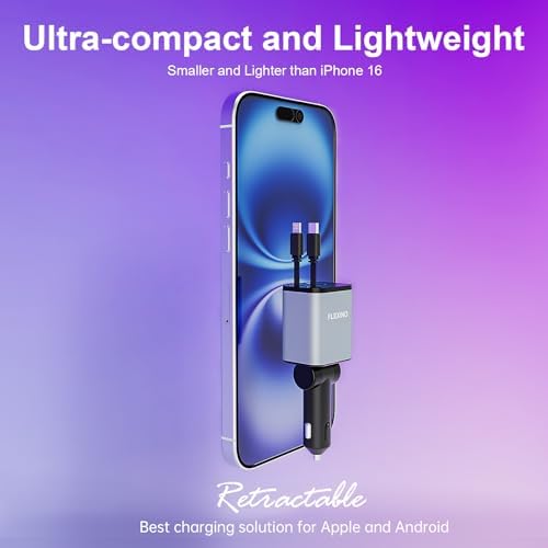Premium Flexino Compact Retractable Car Charger for i Phone 16 – 69 W Fast Charging with Dual 2.6 ft USB C Cords | Efficient Power Adapter Compatible with i Phone 16/15/14/13/12 Series & Galaxy Devices | Sleek Grey Design for Ultimate Portability and Reduced Cable Clutter
