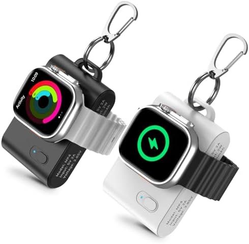 Compact Keychain Magnetic i Watch Charger Duo – Portable 2000 m Ah Power Bank for Apple Watch Series 1-9, SE, Ultra & Ultra 2 – Stylish Black & Pink Design for On-the-Go Charging Efficiency