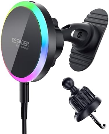 ESSAGER 15 W Magnetic Wireless Car Charger for i Phone 16/15/14/13/12 Pro Max – Fast, Secure Magsafe Charging Mount for Dash and Air Vent – Innovative Magnetic Phone Holder for Effortless On-the-Go Power Solutions