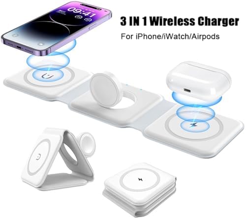 Watashiqi 3-in-1 Magnetic Travel Wireless Charging Station – Fast Charging Convenience for i Phone 16/15/14/13/Pro/Max, Apple Watch, Air Pods & Samsung Galaxy – Enhanced Ga N Technology for Rapid Power Delivery, Compact & Portable Design for On-the-Go Use