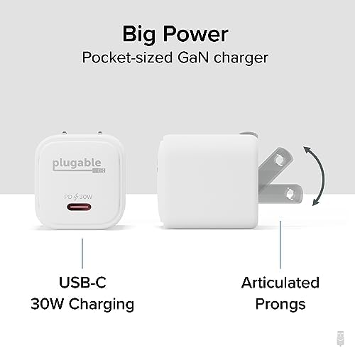 Plugable 30 W USB-C Ga N Charger – Ultra-Fast Mag Safe-Compatible Power Adapter for i Phone, i Pad, Galaxy & USB-C Devices – Ideal for Remote Teams, Business Travelers & IT Deployments – Compact White Design for Effortless Portability and Enhanced Device Longevity