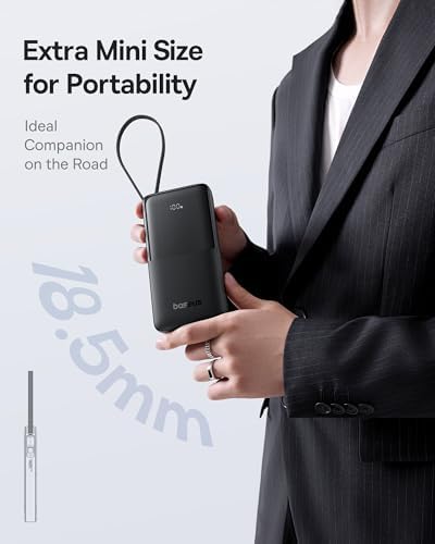 Baseus 10,000 m Ah Travel Power Bank with 20 W PD Fast Charging & Integrated Braided USB-C Cable – The Ideal On-the-Go Charger for i Phone 16 Pro/15, i Pad, Samsung S25/S24 – Ultimate Solution for Busy Lifestyles and Seamless Connectivity