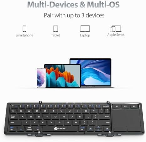 Ultra-Portable i Clever Bluetooth Keyboard with Touchpad – Sleek Foldable Design, Durable Metal Body, USB-C Charging, Multi-Device Compatibility for i Pad, i Phone, Android & Windows – Perfect for Travelers and Professionals in Silver White