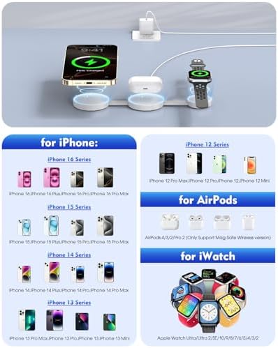 Ultimate 3-in-1 Magnetic Wireless Charging Station for Apple Devices – Compact Fast Charger Pad for i Phone 16/15/14/13, Apple Watch, and Air Pods – Foldable Travel Mag Safe Dock with Enhanced Speed and Compatibility – Ideal for On-the-Go Charging Needs