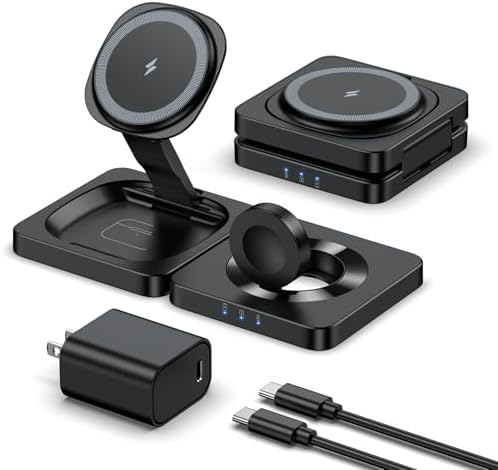 2025 ADADPU Magnetic Wireless Charging Station – Ultimate 3-in-1 Foldable Mag-Safe Charger for i Phone 16, 15, 14, 13, 12 Pro Max Plus, Apple Watch & Air Pods – Travel-Friendly, Fast Charging Pad with Enhanced Compatibility and Magnetic Alignment