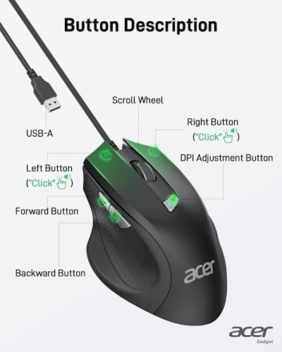 Acer Wired Mouse with 4 Customizable DPI Settings – Ergonomic USB Computer Mouse with 6 Buttons, 5-Foot Durable Cord – Perfect for Laptops, i Macs, and PCs – Superior Precision for Gaming and Daily Use