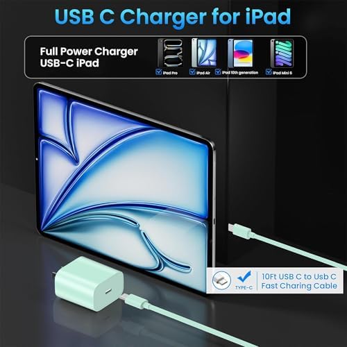 10 FT i Pad Fast Charging Cable Set – High-Power 20 W USB C Charger with Extended Reach for Ultimate Flexibility, Compatible with i Pad 10 th/11 th Gen, i Pad Pro (12.9/11 inch), i Pad Air (4 th/5 th), and i Pad Mini – Durable, Stylish Black Design for Seamless Charging Experience
