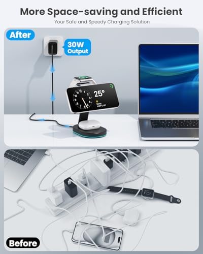 Ultimate 3-in-1 Wireless Charging Station for i Phone, Apple Watch, and Air Pods – Qi2 Certified 15 W Magnetic Charger with 30 W USB-C Adapter & Integrated Night Light – Streamlined Design for i Phone 16/15/14/13/12 – Superior Speed and Enhanced Compatibility for Modern Tech Users