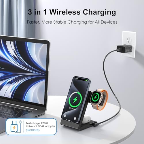 Ultimate 3-in-1 Magnetic Wireless Charging Station – High-Speed 20 W Foldable Charger for i Phone 12-16 Series, Apple Watch 10/Ultra 2, and Air Pods 4 – Portable Travel-Friendly Design with Adapter for Seamless Power Solutions