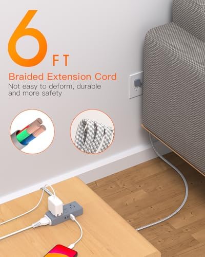 BESHON 10 ft Flat Plug Extension Cord with 4 Wide Outlets & 3 USB Ports (2 USB-C) – Versatile Power Strip for Home, Office & Dorm – Space-Saving Design with Surge Protection & Fast Charging Capabilities