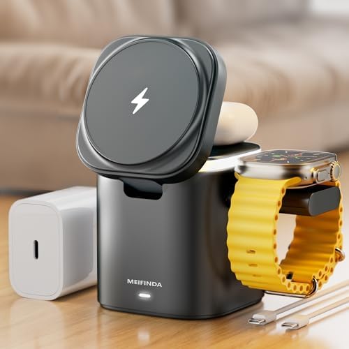 Revolutionary 3-in-1 Magnetic Wireless Charging Station for i Phone, Fast Charging Dock for i Phone 16/15/14/13/12 Pro/Pro Max/Plus, Travel Mag Safe Charger for Air Pods and Apple Watch – Compact, Efficient, and Versatile Power Hub for All Your Apple Devices