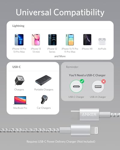 Anker Premium Nylon Braided USB C to Lightning Cable – 6 FT Durable MFi Certified Charger for i Phone 14 and More – Fast Charging & High-Speed Data Transfer Cable for Ultimate Connectivity