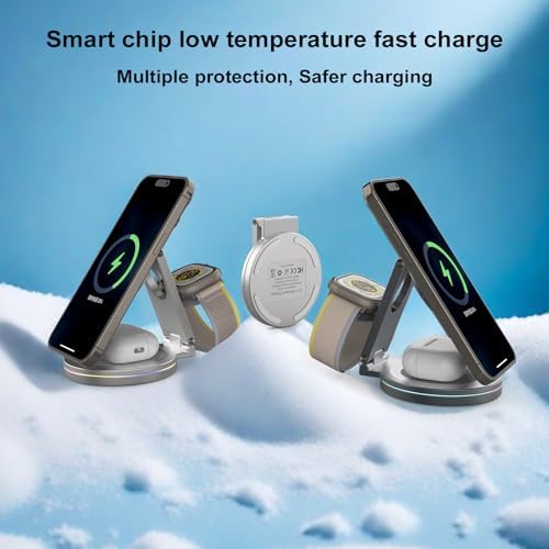 Revolutionary 3-in-1 Foldable Magnetic Wireless Charging Station for i Phone, Apple Watch & Air Pods – 15 W Fast Charge, 360º Rotatable Zinc Alloy Design – Portable Power Hub with Adapter for Seamless Compatibility and Superior Durability in Gray