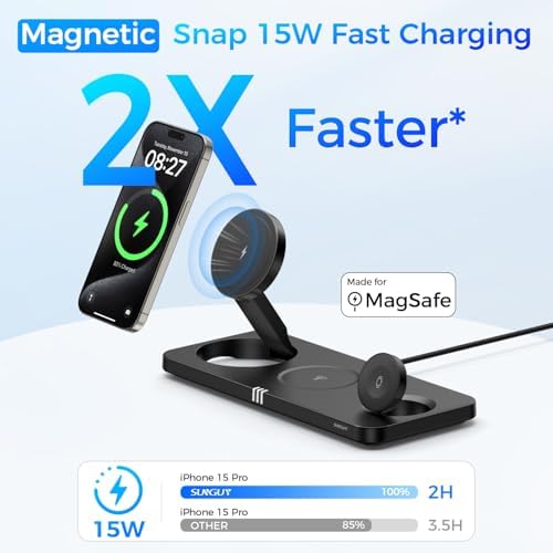 Ultimate 3-in-1 Wireless Charging Station for Apple Devices – Rapid 15 W Magnetic Charger for i Phone 16/15/14/13/12 Pro Max, Compatible with Apple Watch Series S2 to Ultra, Air Pods Pro/4/3/2 – Foldable Travel-Friendly Design for Effortless Charging Anywhere