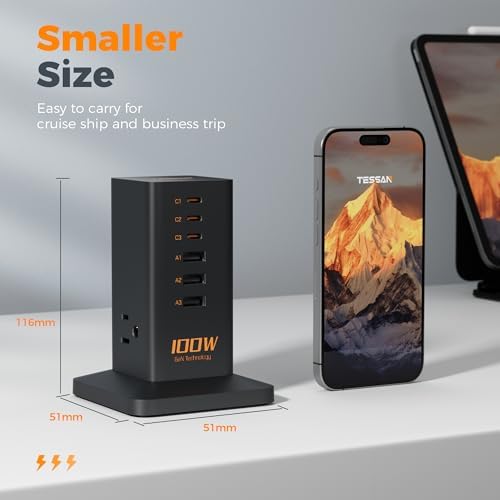 TESSAN 30 W 9-in-1 Multi-Device Charging Station with Surge Protection – Ultimate Charger Block for i Phone 16/15/14/13, Tablets, and Earphones – 5 ft Flat Extension Cord with 4 USB A & 2 USB C Ports – Compact Design for Home, Office, or Dorm – Enhanced Safety and Efficiency