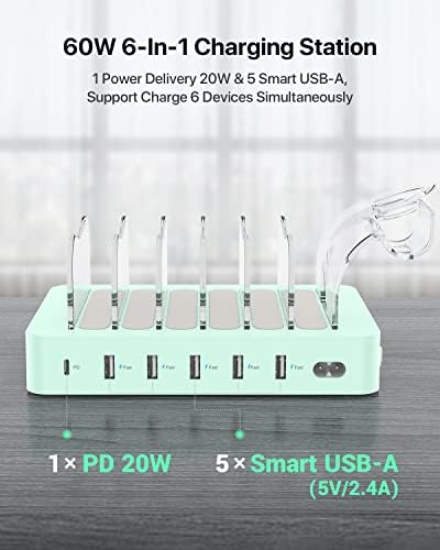 Soo Pii 60 W 6-Port USB-C Charging Station with 20 W Fast Charge – Multi-Device Power Hub for i Phone 14/13/12, Includes 6 Short Cables & 2-in-1 Holder for Organized Charging – Perfect for Home, Office & Travel