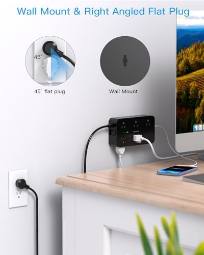 HANYCONY 12-Outlet Power Strip Surge Protector with 4 USB Ports (2 USB-C) – 6 ft Flat Extension Cord with 1800 J Surge Protection, Wall-Mountable Charging Station for Home, Office, and Dorm Room – Ultimate Device Connectivity and Fast Charging Solutions