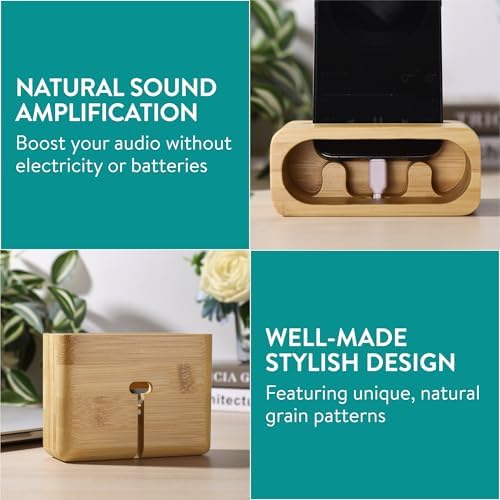 Navaris Bamboo Phone Stand – Bamboo Phone Stand for Desk – Enhanced Sound with Built-in Amplifier – Portable Bamboo Cell Phone Holder Charging Dock for Kitchen Office Bedside – Enhanced Compatibility and Speed