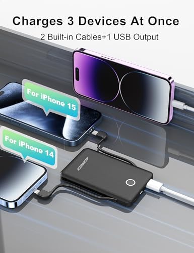 Compact 6000 m Ah Portable Power Bank with Built-in Cable – Lightweight Fast Charging External Battery for i Phone and Android – Ultimate Travel Companion for On-the-Go Charging Efficiency