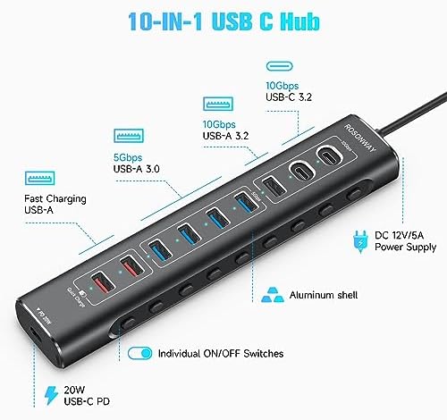 Maximize Your Device Connectivity with Rosonway 10-Port USB 3.2 Hub – Ultra-Fast 10 Gbps Data Transfer, 60 W Fast Charging, Sleek Aluminum Design for Enhanced Productivity on Laptops and PCs