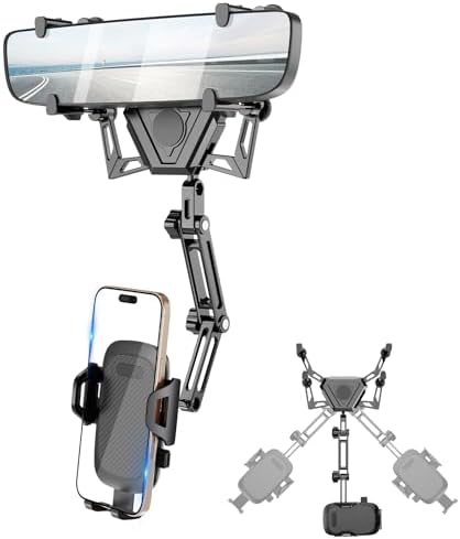 Aluminum Alloy 360° Rotatable Rear View Mirror Phone Holder – Versatile, Hands-Free Car Mount Compatible with All Smartphones – Enhance Safety and Navigation in Your Vehicle with Stylish Design and Easy Installation