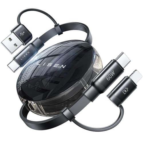 LISEN 5-in-1 Retractable Fast Charging Cable – 60 W Multi-Device Charger for i Phone, i Pad & Samsung with USB-C/A Ports – Compact and Portable Charging Solution for On-the-Go Power Needs