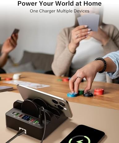 WU-MINGLU 8-Port Fast Charging Station – 80 W Multi-Device Dock with Wireless Charging, Quick Charge 3.0, and PD 20 W, LCD Display for Real-Time Status – Compatible with i Phone, i Pad, Smartphones, and Smartwatches – Ultimate Convenience and Speed for Tech Enthusiasts